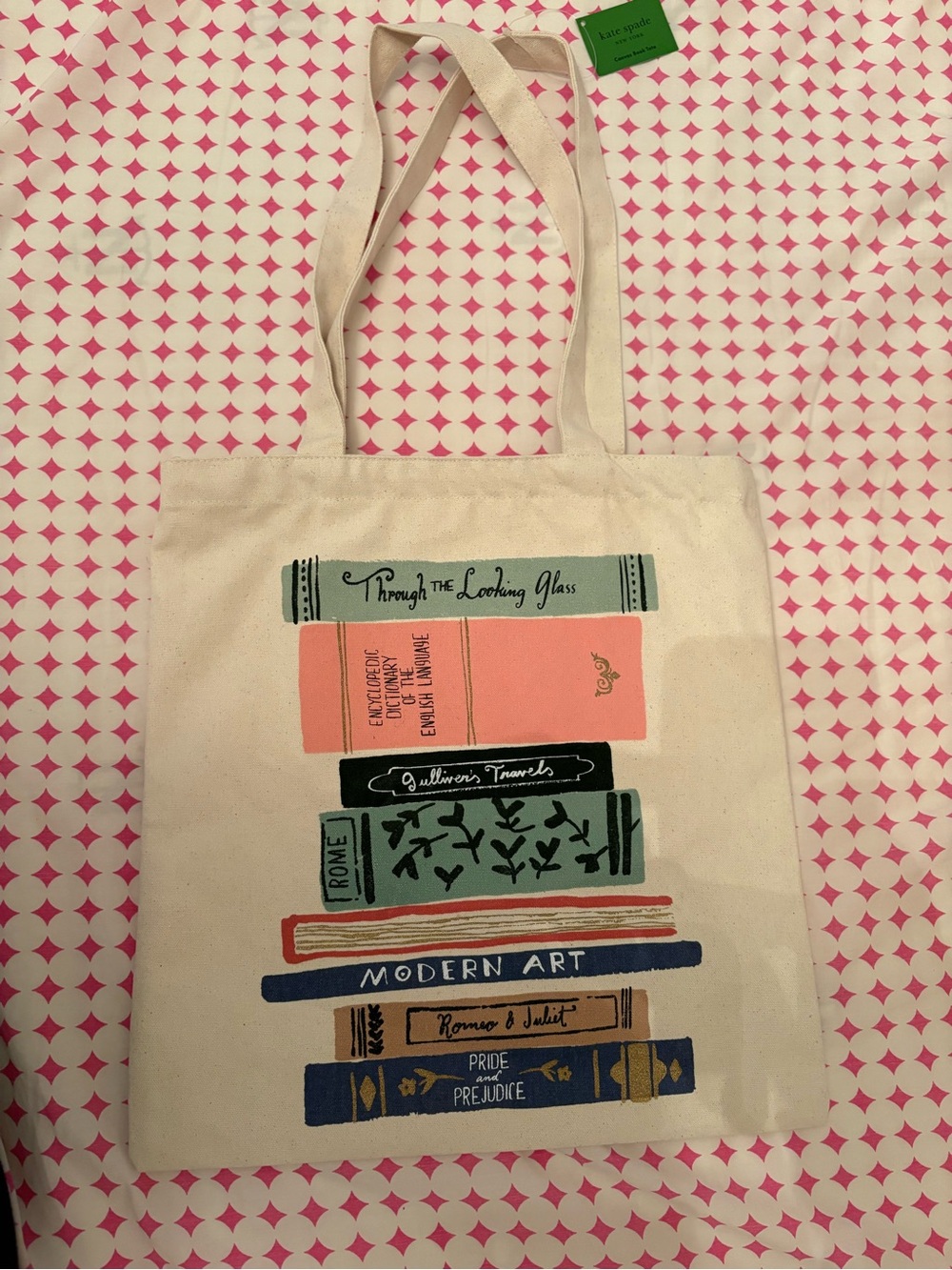 NWT KATE SPADE Canvas Book Stack Tote Bag in Cream